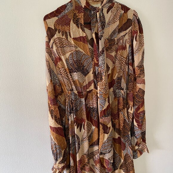 Farm Rio Brown Dotted Macaws Long Sleeve Maxi Ruffle Boho Dress Small - Picture 2 of 8